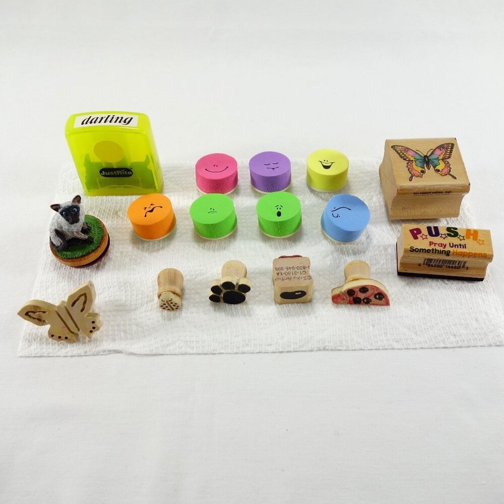 Assorted Lot of 12 Colorful Emoji & Decorative Mounted Rubber‎ Stamps